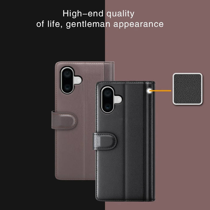 For iPhone 16 Plus Case Genuine Split Leather Phone Cover with Wallet Stand - Black - 5