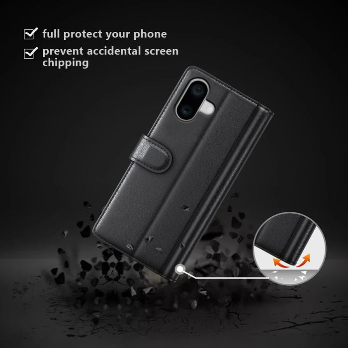 For iPhone 16 Plus Case Genuine Split Leather Phone Cover with Wallet Stand - Black - 6