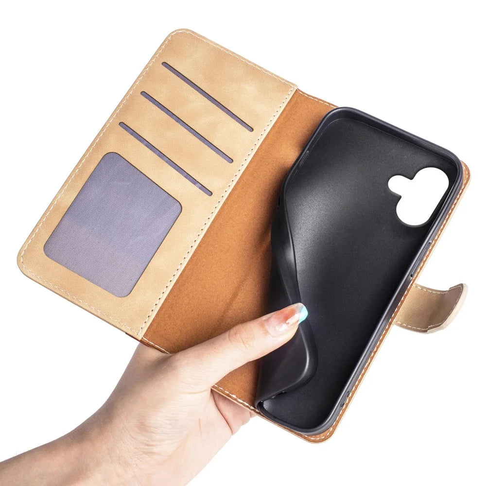 For iPhone 16 Case Wallet Dual Color Flip Leather Phone Cover - Yellow - 5