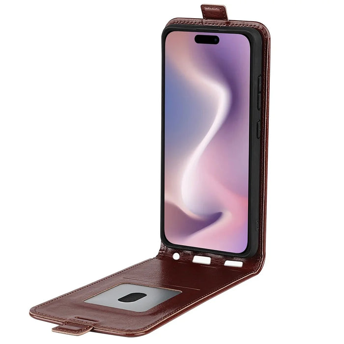 For iPhone 16 Case Card Slots Vertical Flip PU Leather Phone Cover - Brown - 2