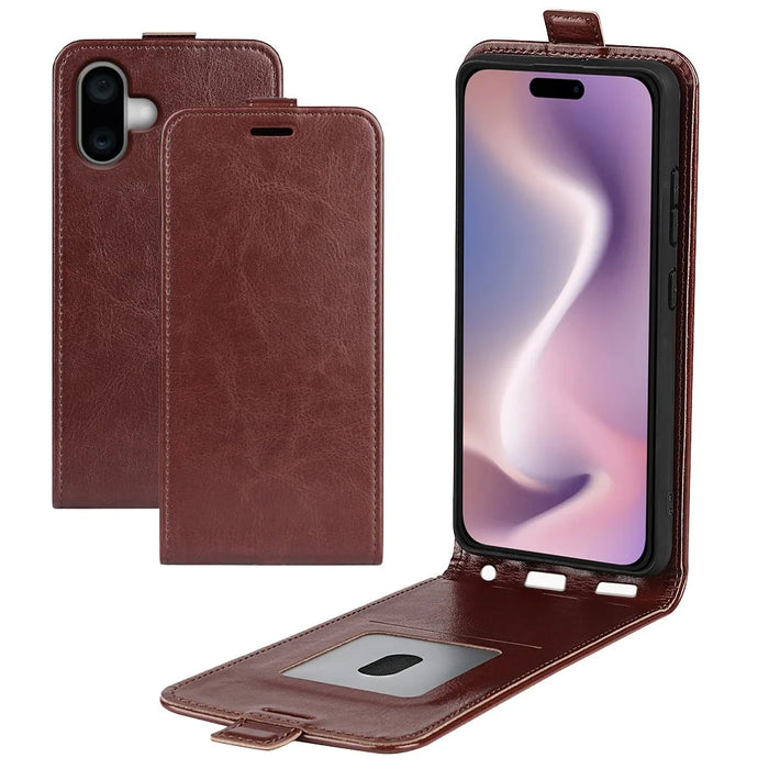 For iPhone 16 Case Card Slots Vertical Flip PU Leather Phone Cover - Brown - 4