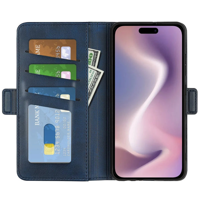 For iPhone 16 Case Folio Flip Leather Wallet Stand Phone Cover - Blue - 2