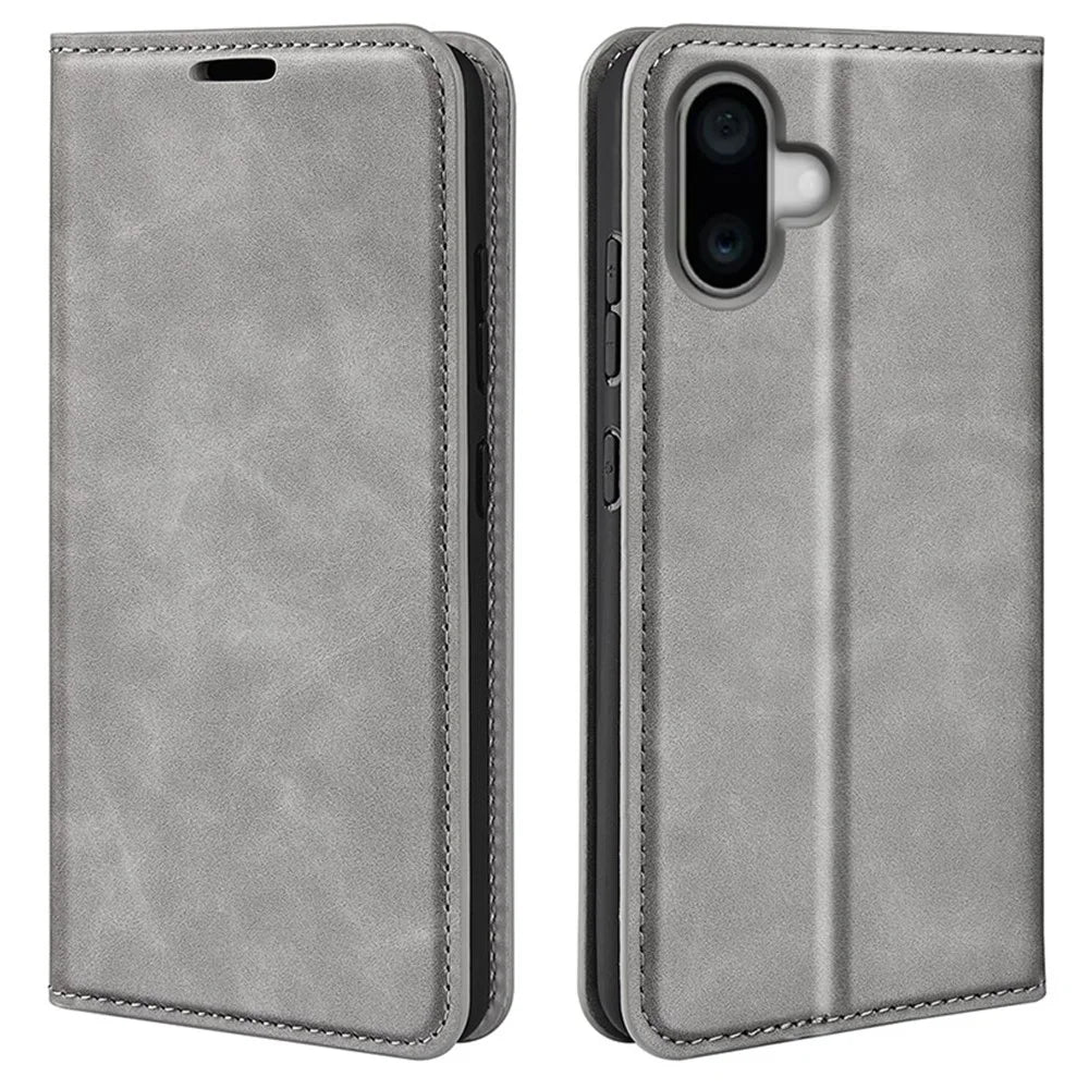 For iPhone 16 Case Card Slots Wallet Skin-Feel PU Leather Phone Cover - Grey - 1