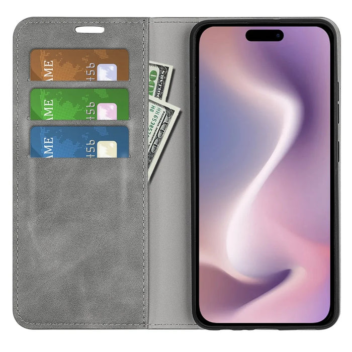 For iPhone 16 Case Card Slots Wallet Skin-Feel PU Leather Phone Cover - Grey - 2