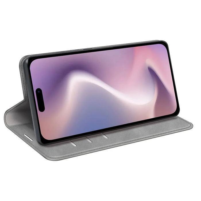 For iPhone 16 Case Card Slots Wallet Skin-Feel PU Leather Phone Cover - Grey - 3