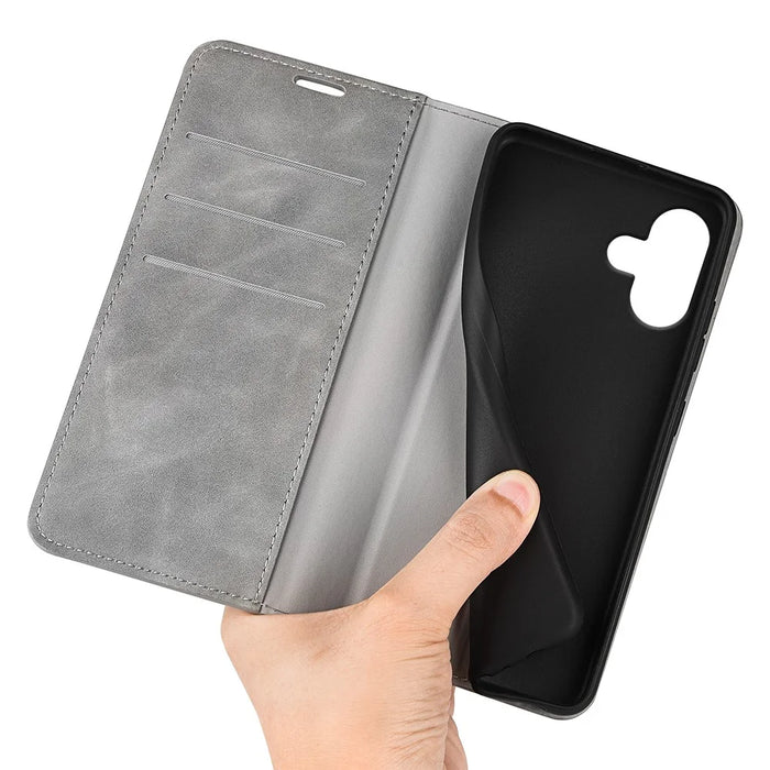 For iPhone 16 Case Card Slots Wallet Skin-Feel PU Leather Phone Cover - Grey - 4