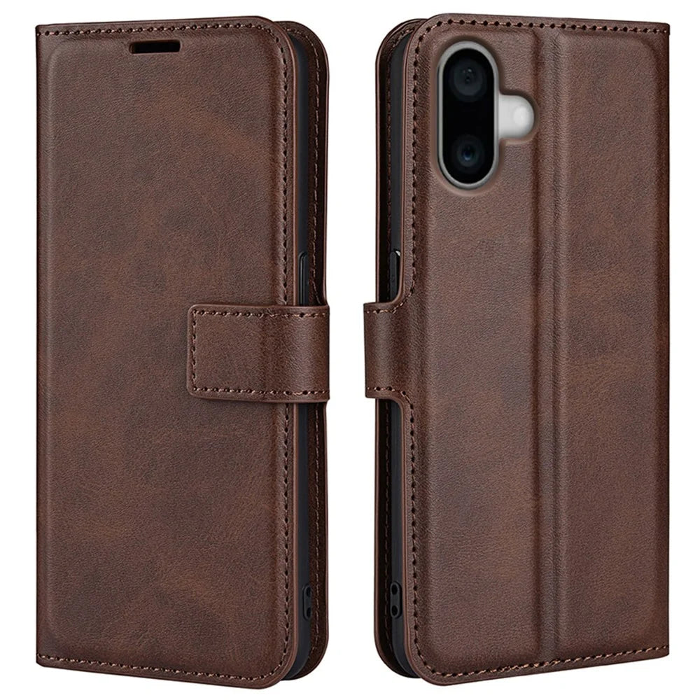 For iPhone 16 Case Calf Texture PU Leather Folio Flip Phone Wallet Cover - Brown - 1