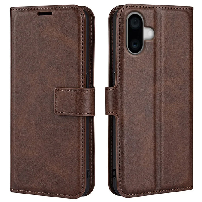 For iPhone 16 Case Calf Texture PU Leather Folio Flip Phone Wallet Cover - Brown - 1