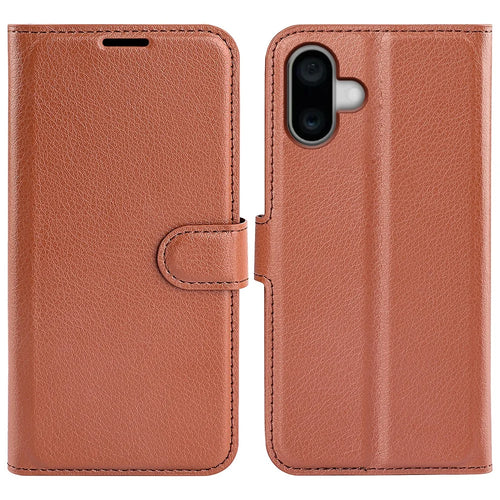 For iPhone 16 Case Wallet Leather Phone Cover Litchi Texture - Brown - 1