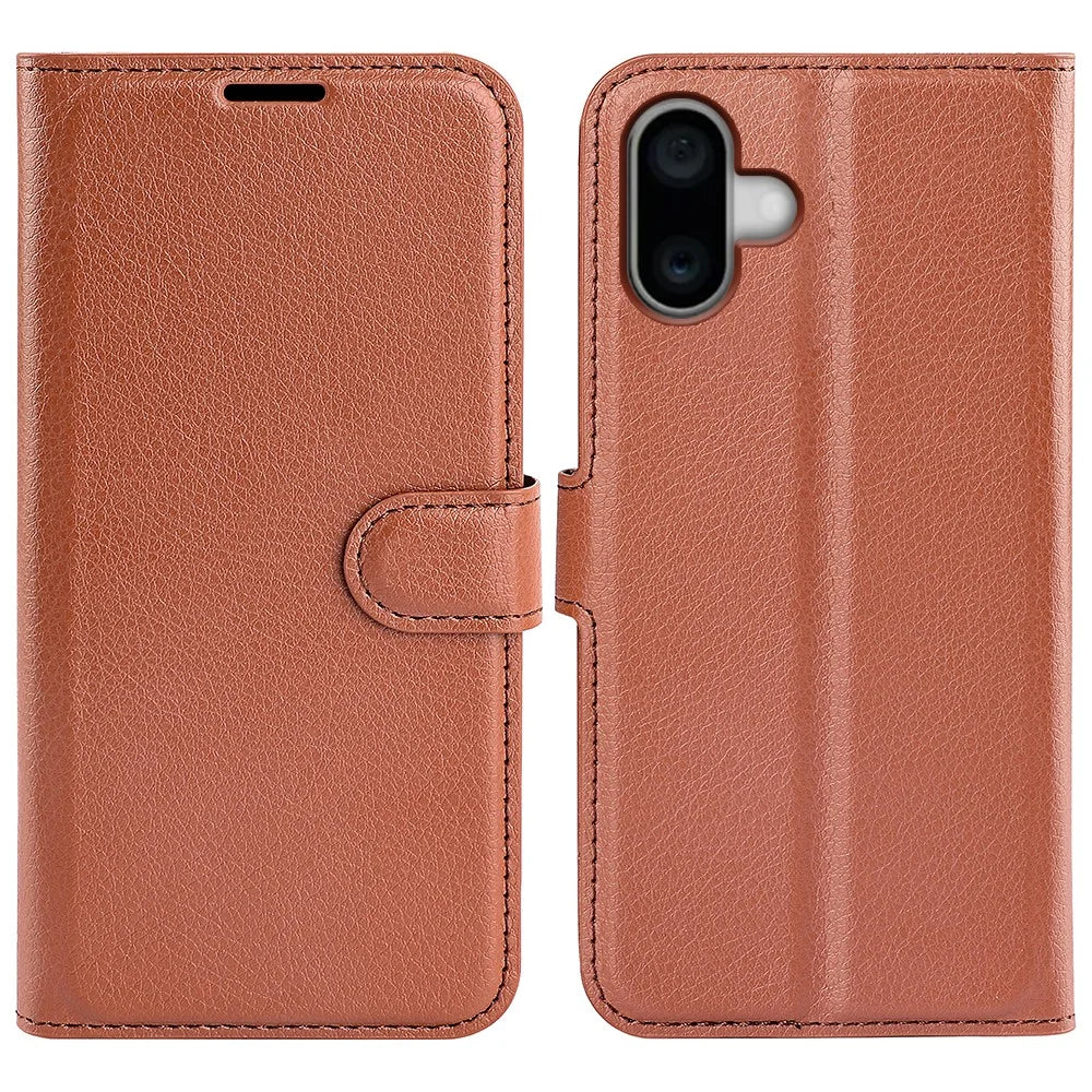 For iPhone 16 Case Wallet Leather Phone Cover Litchi Texture - Brown - 1