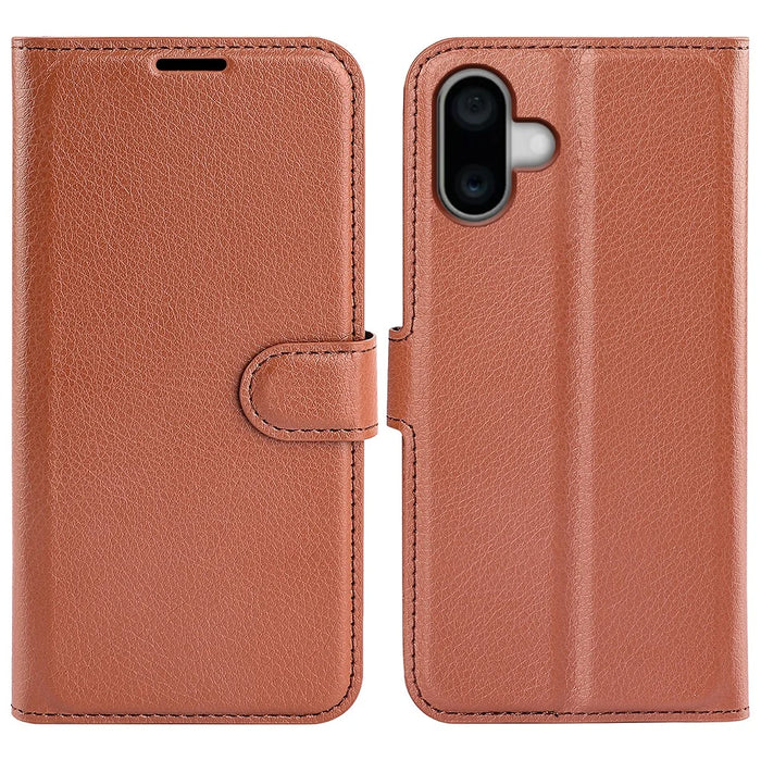 For iPhone 16 Case Wallet Leather Phone Cover Litchi Texture - Brown - 1