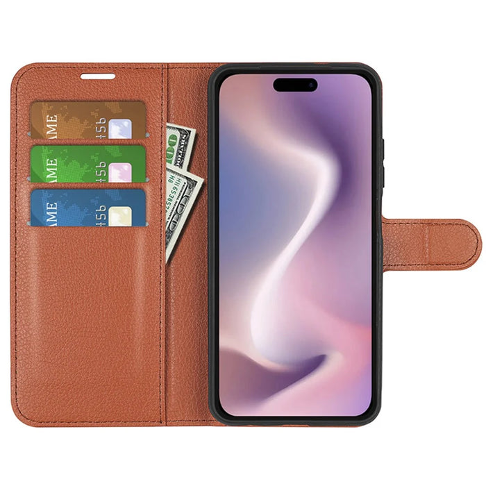 For iPhone 16 Case Wallet Leather Phone Cover Litchi Texture - Brown - 2