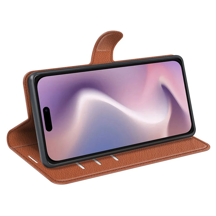 For iPhone 16 Case Wallet Leather Phone Cover Litchi Texture - Brown - 3