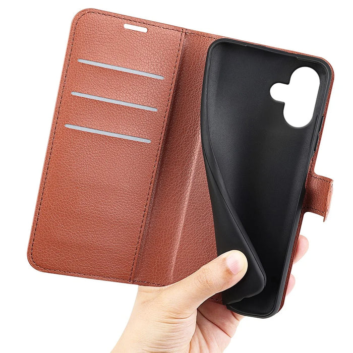 For iPhone 16 Case Wallet Leather Phone Cover Litchi Texture - Brown - 4