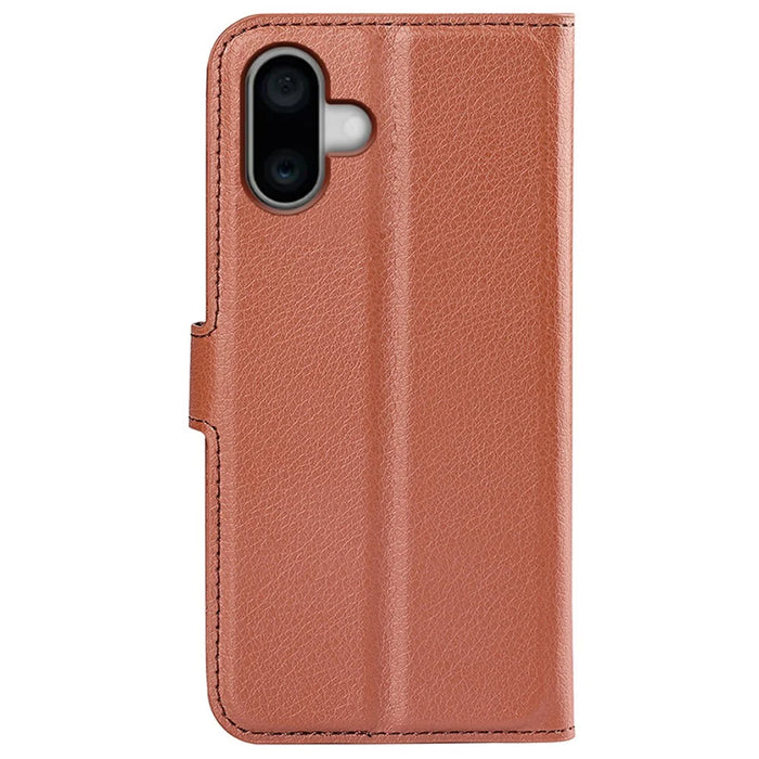 For iPhone 16 Case Wallet Leather Phone Cover Litchi Texture - Brown - 6