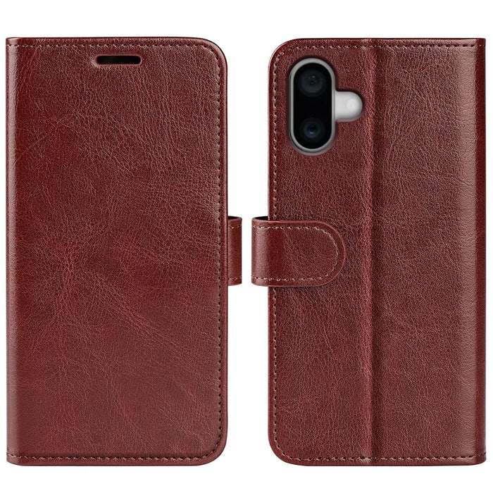 For iPhone 16 Case Crazy Horse Texture Leather Phone Cover Horizontal Viewing Stand - Brown - 1