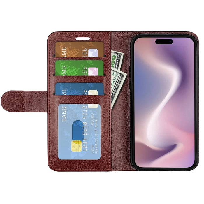 For iPhone 16 Case Crazy Horse Texture Leather Phone Cover Horizontal Viewing Stand - Brown - 2