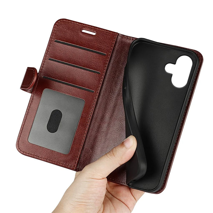 For iPhone 16 Case Crazy Horse Texture Leather Phone Cover Horizontal Viewing Stand - Brown - 4