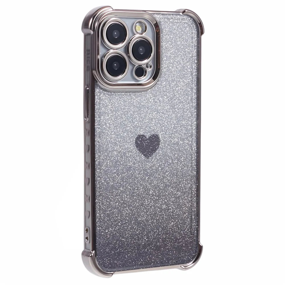 For iPhone 15 Pro Max Case Electroplating Glitter TPU Phone Cover Heart Pattern -  Grey - 1