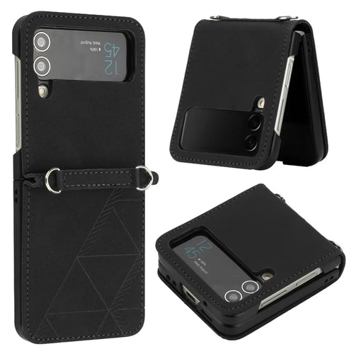 For Samsung Galaxy Z Flip4 5G Leather Case with Hand Strap Wallet Stand Phone Cover - Black - 1