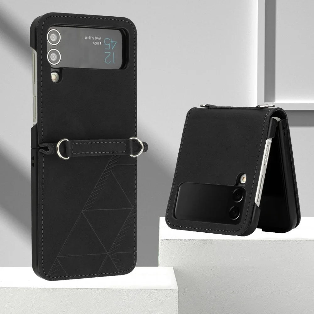 For Samsung Galaxy Z Flip4 5G Leather Case with Hand Strap Wallet Stand Phone Cover - Black - 3