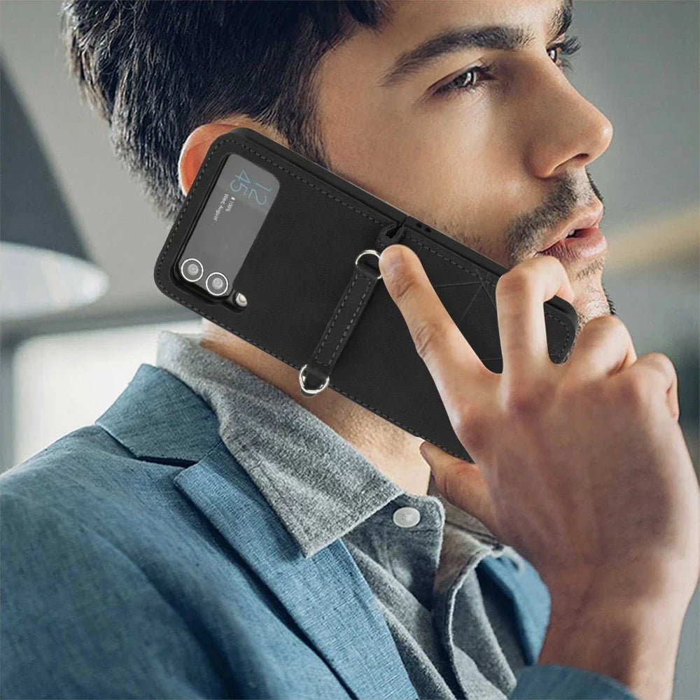 For Samsung Galaxy Z Flip4 5G Leather Case with Hand Strap Wallet Stand Phone Cover - Black - 4
