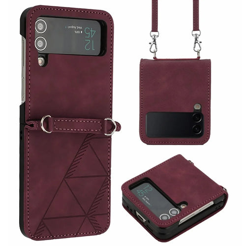 For Samsung Galaxy Z Flip4 5G Leather Case with Shoulder Strap Wallet Stand Phone Cover - Wine Red - 1