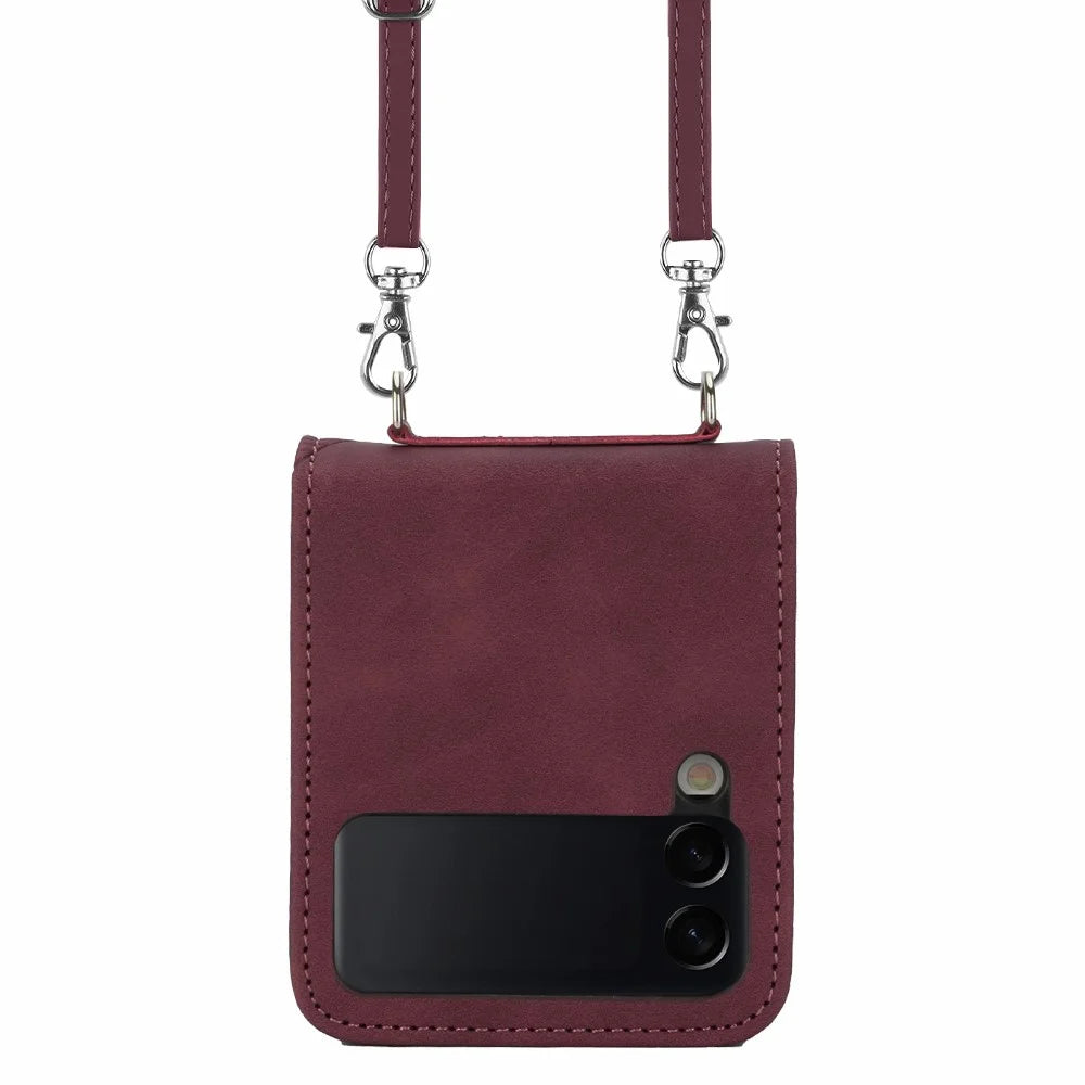 For Samsung Galaxy Z Flip4 5G Leather Case with Shoulder Strap Wallet Stand Phone Cover - Wine Red - 2