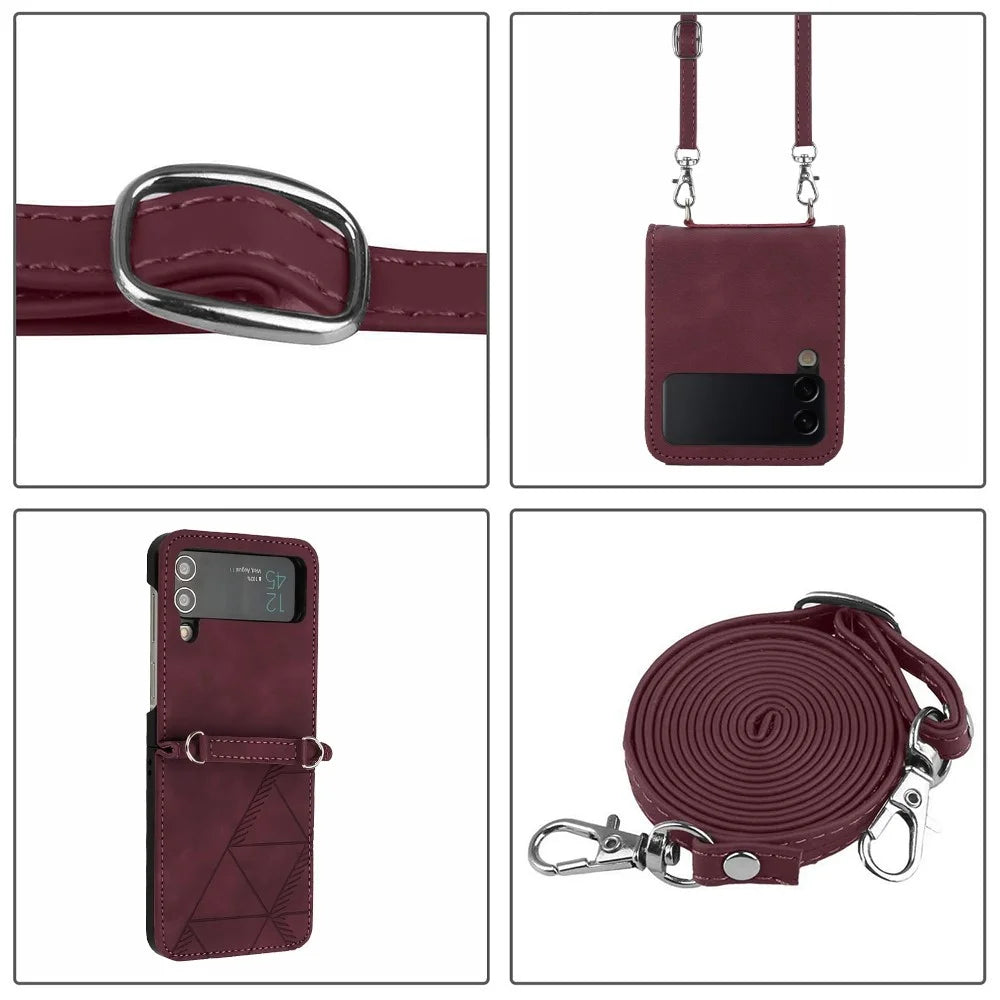 For Samsung Galaxy Z Flip4 5G Leather Case with Shoulder Strap Wallet Stand Phone Cover - Wine Red - 3