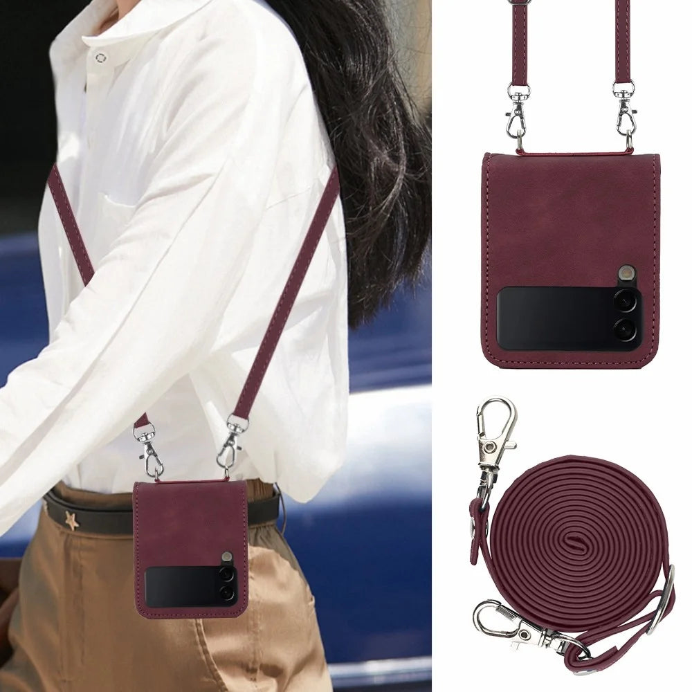 For Samsung Galaxy Z Flip4 5G Leather Case with Shoulder Strap Wallet Stand Phone Cover - Wine Red - 4