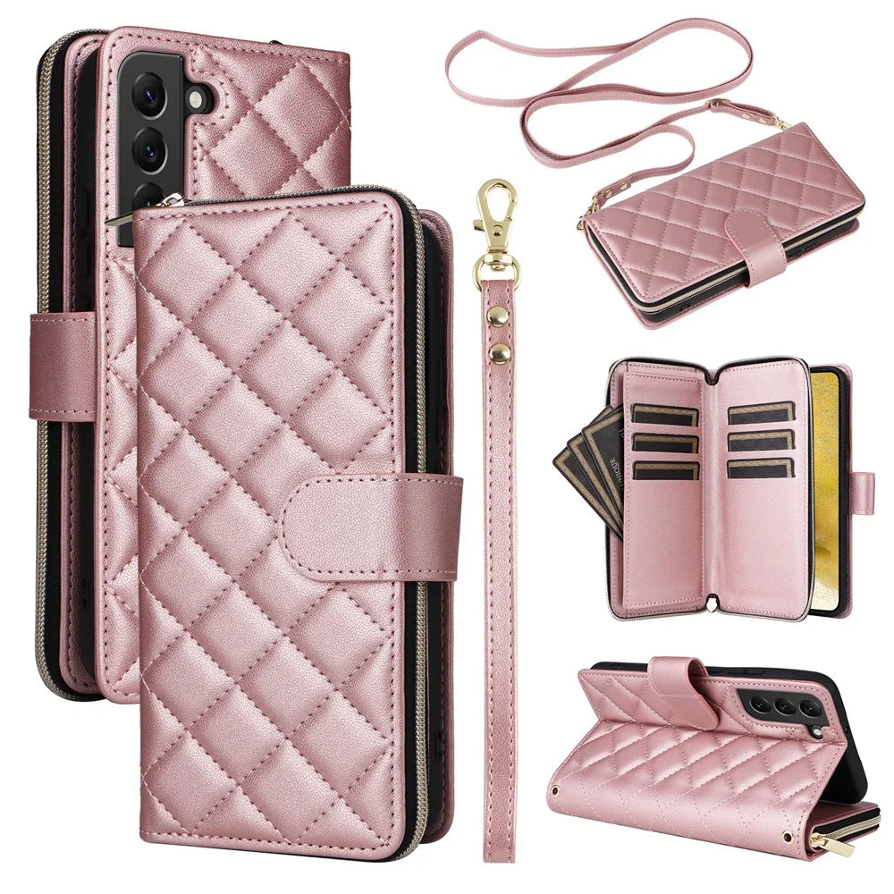 For Samsung Galaxy S22+ 5G Case Rhombus Zipper Pocket Leather Phone Cover with Straps - Rose Gold - 1
