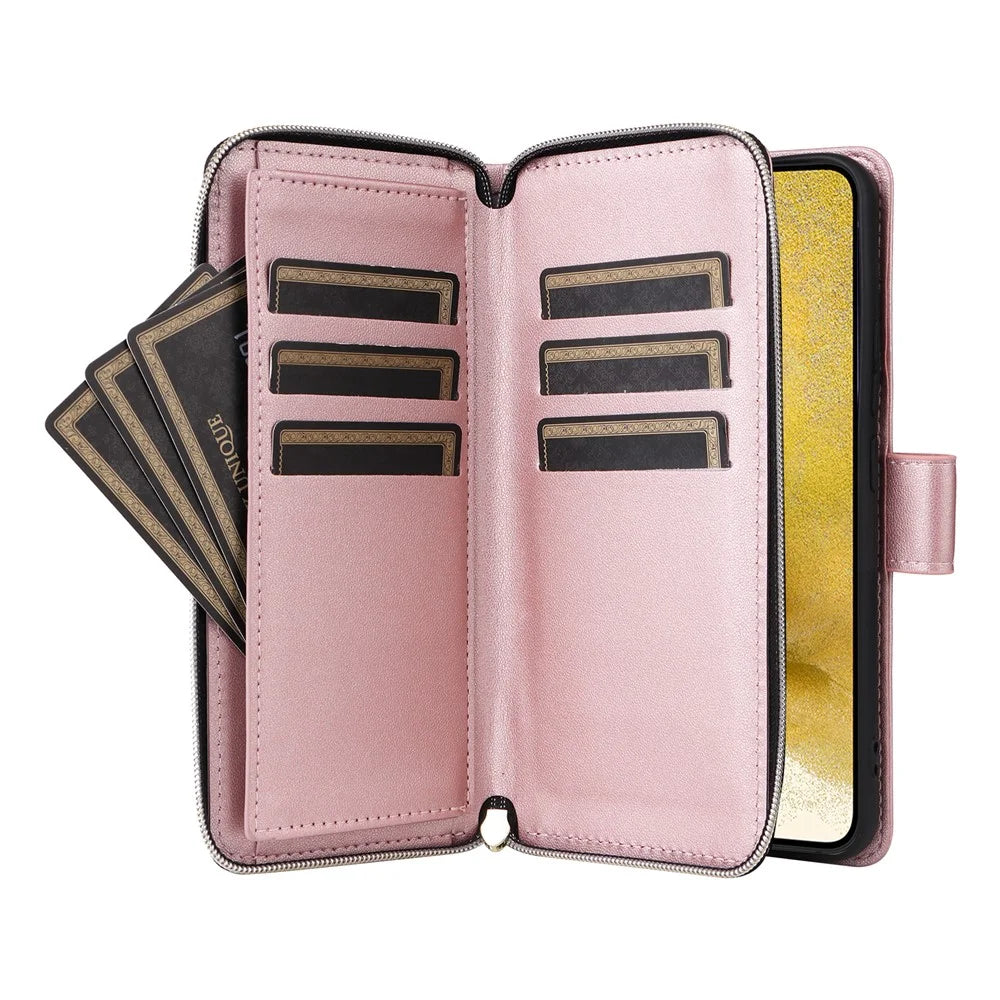For Samsung Galaxy S22+ 5G Case Rhombus Zipper Pocket Leather Phone Cover with Straps - Rose Gold - 3