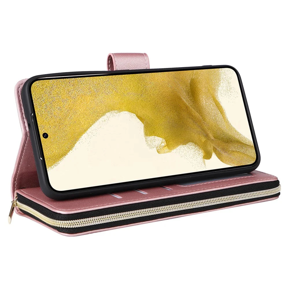 For Samsung Galaxy S22+ 5G Case Rhombus Zipper Pocket Leather Phone Cover with Straps - Rose Gold - 4