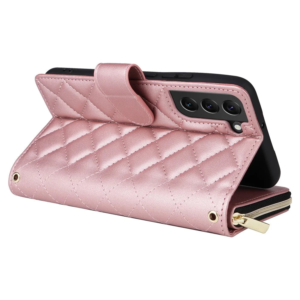 For Samsung Galaxy S22+ 5G Case Rhombus Zipper Pocket Leather Phone Cover with Straps - Rose Gold - 5