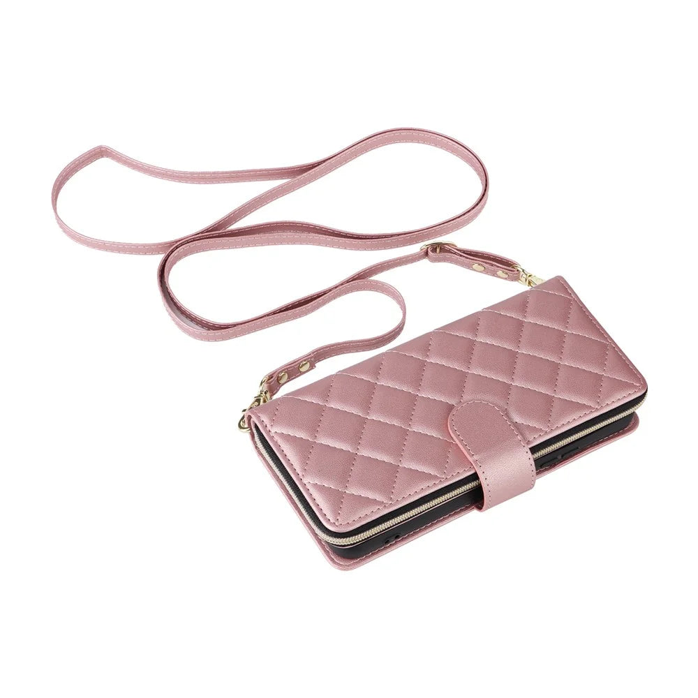 For Samsung Galaxy S22+ 5G Case Rhombus Zipper Pocket Leather Phone Cover with Straps - Rose Gold - 6