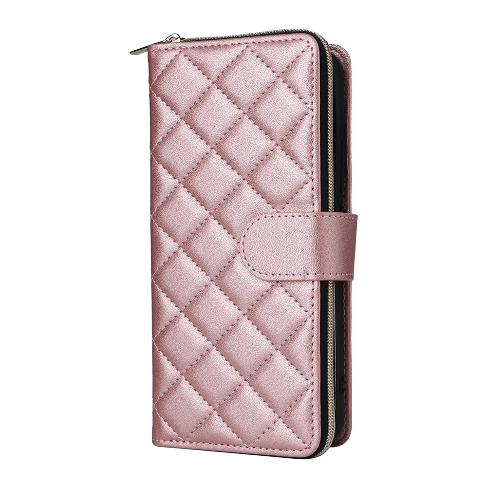 For Samsung Galaxy S22+ 5G Case Rhombus Zipper Pocket Leather Phone Cover with Straps - Rose Gold - 7