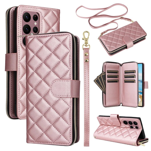 For Samsung Galaxy S22 Ultra 5G Case Rhombus Grid Leather Phone Cover with Zipper Pocket - Rose Gold - 1