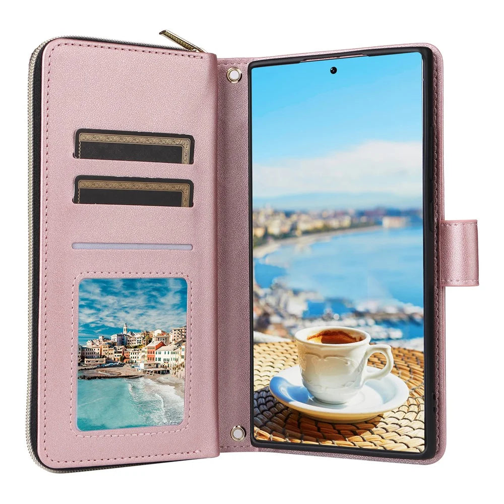 For Samsung Galaxy S22 Ultra 5G Case Rhombus Grid Leather Phone Cover with Zipper Pocket - Rose Gold - 2