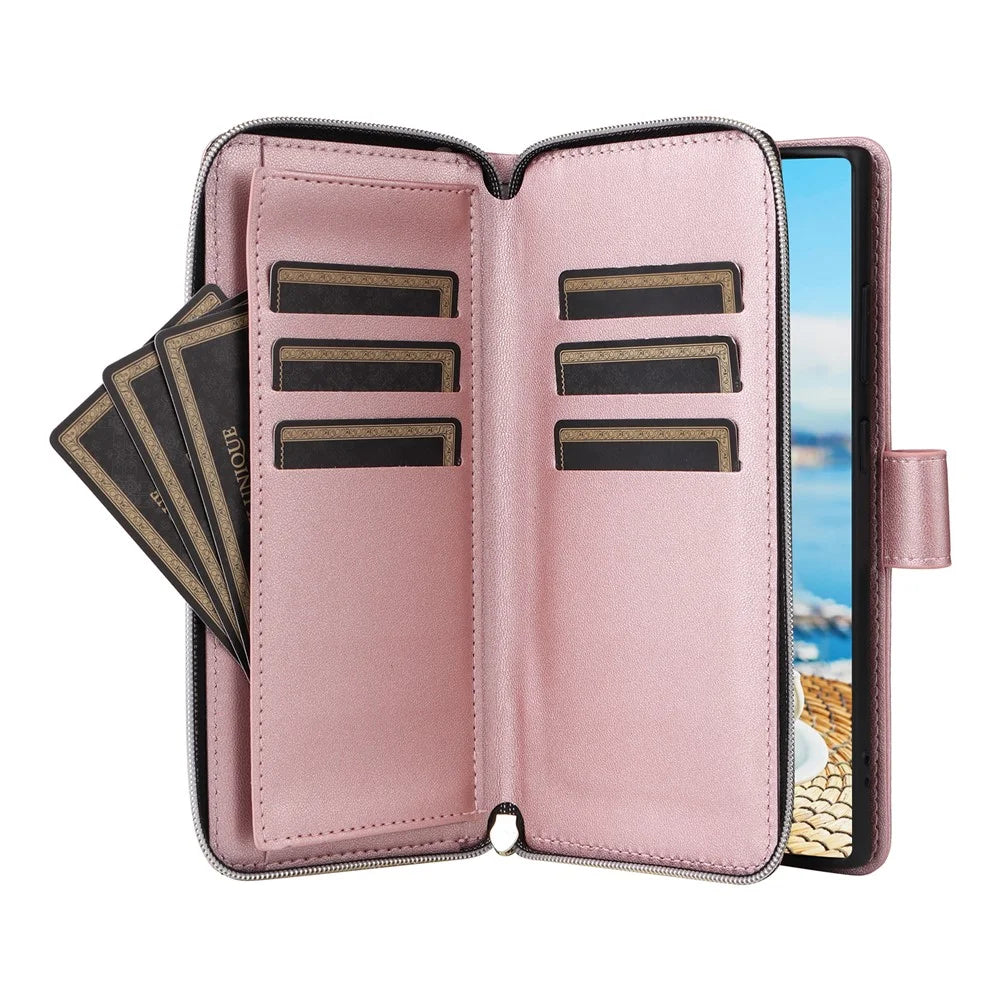 For Samsung Galaxy S22 Ultra 5G Case Rhombus Grid Leather Phone Cover with Zipper Pocket - Rose Gold - 3
