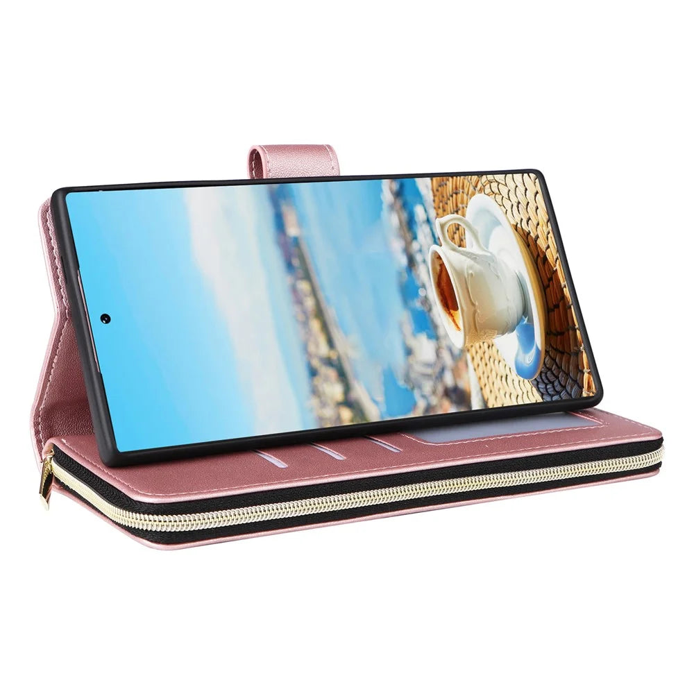 For Samsung Galaxy S22 Ultra 5G Case Rhombus Grid Leather Phone Cover with Zipper Pocket - Rose Gold - 4