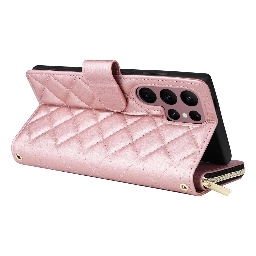 For Samsung Galaxy S22 Ultra 5G Case Rhombus Grid Leather Phone Cover with Zipper Pocket - Rose Gold - 5