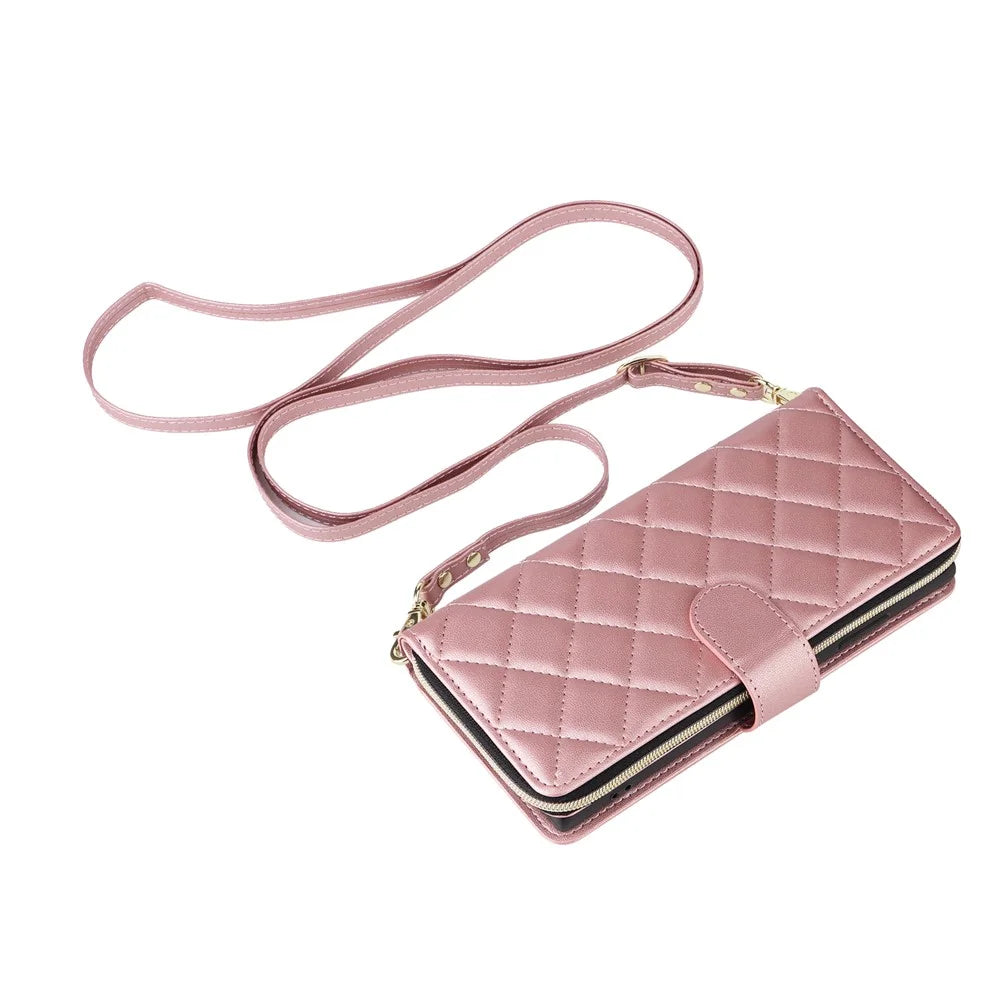 For Samsung Galaxy S22 Ultra 5G Case Rhombus Grid Leather Phone Cover with Zipper Pocket - Rose Gold - 6