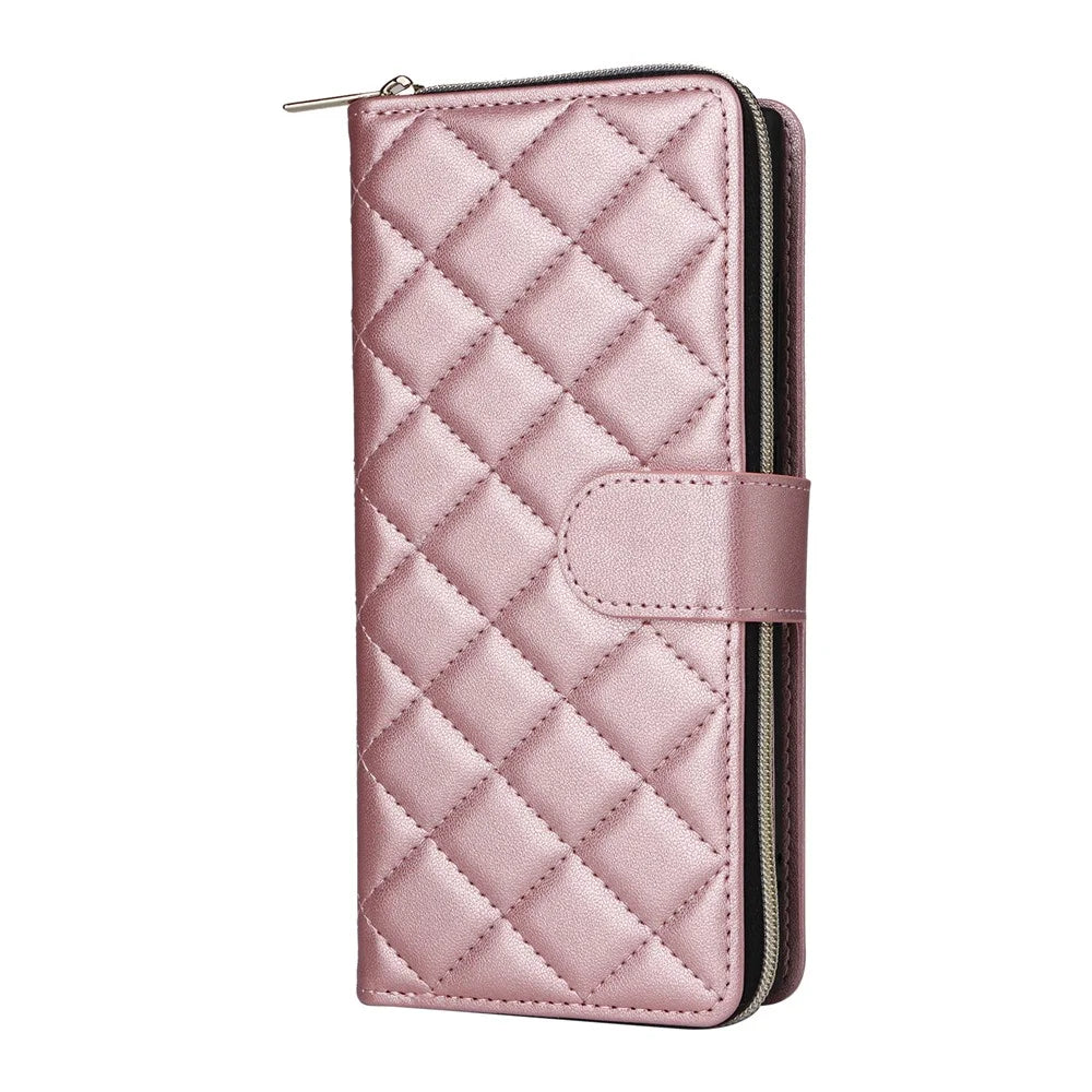 For Samsung Galaxy S22 Ultra 5G Case Rhombus Grid Leather Phone Cover with Zipper Pocket - Rose Gold - 7