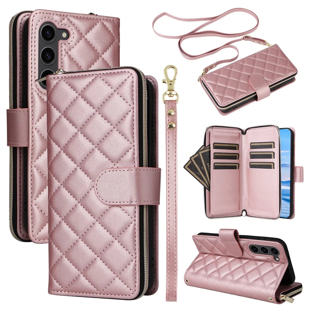 For Samsung Galaxy S23+ Case Rhombus Zipper Wallet Leather Phone Cover with Straps - Rose Gold - 1
