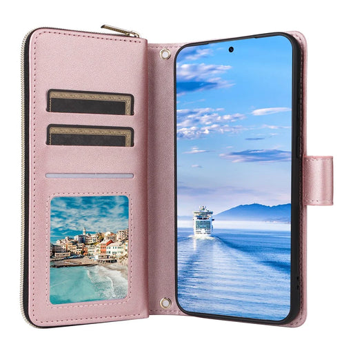 For Samsung Galaxy S23+ Case Rhombus Zipper Wallet Leather Phone Cover with Straps - Rose Gold - 2