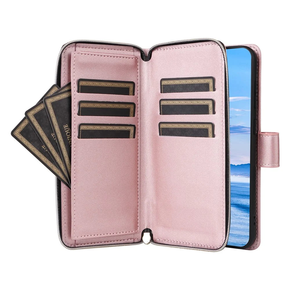 For Samsung Galaxy S23+ Case Rhombus Zipper Wallet Leather Phone Cover with Straps - Rose Gold - 3