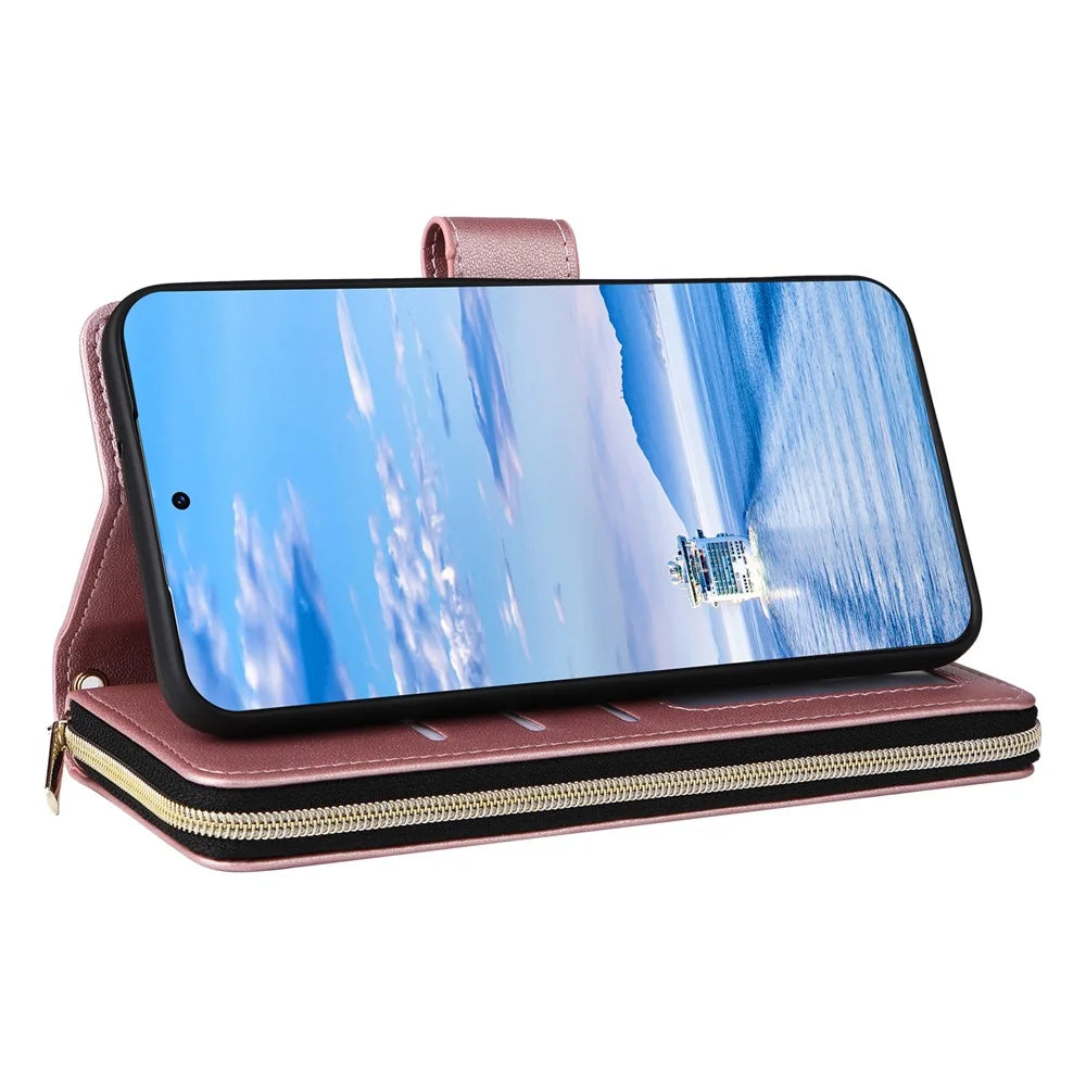 For Samsung Galaxy S23+ Case Rhombus Zipper Wallet Leather Phone Cover with Straps - Rose Gold - 4