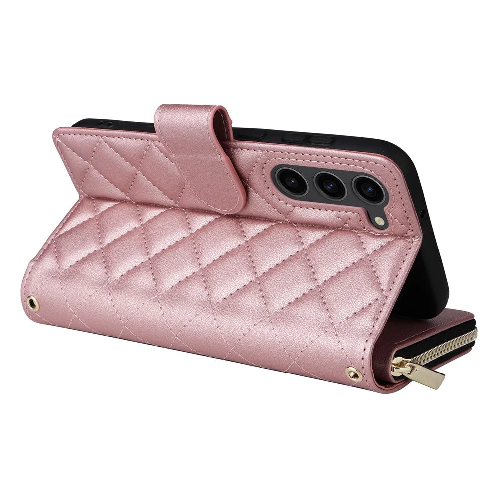 For Samsung Galaxy S23+ Case Rhombus Zipper Wallet Leather Phone Cover with Straps - Rose Gold - 5