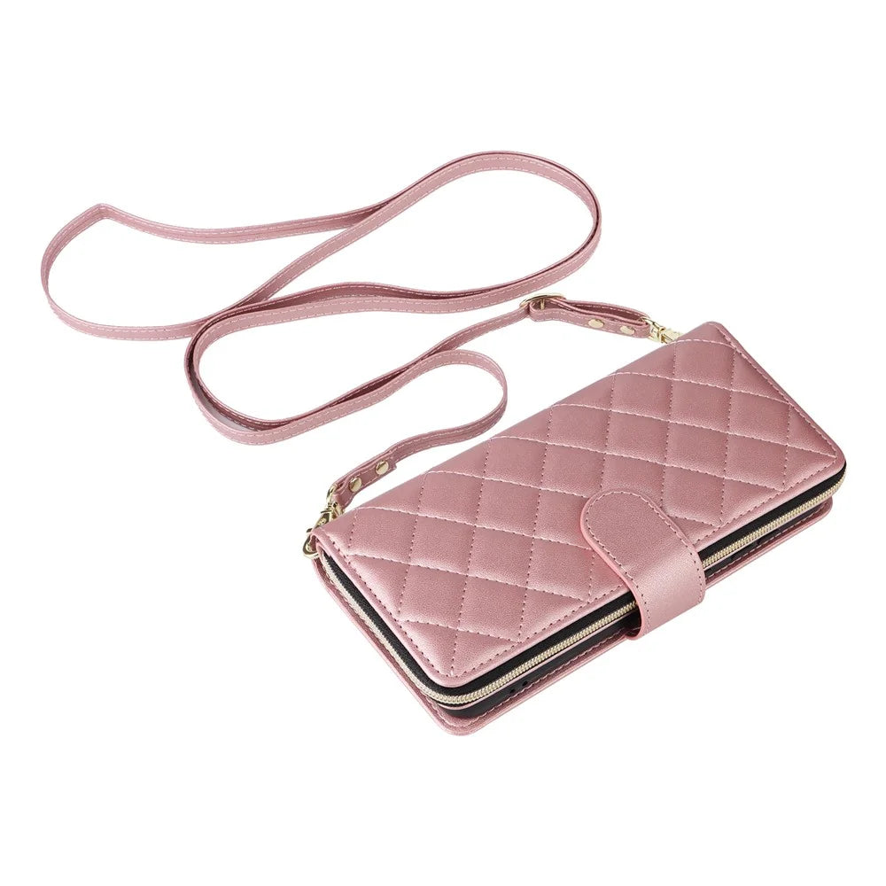 For Samsung Galaxy S23+ Case Rhombus Zipper Wallet Leather Phone Cover with Straps - Rose Gold - 6