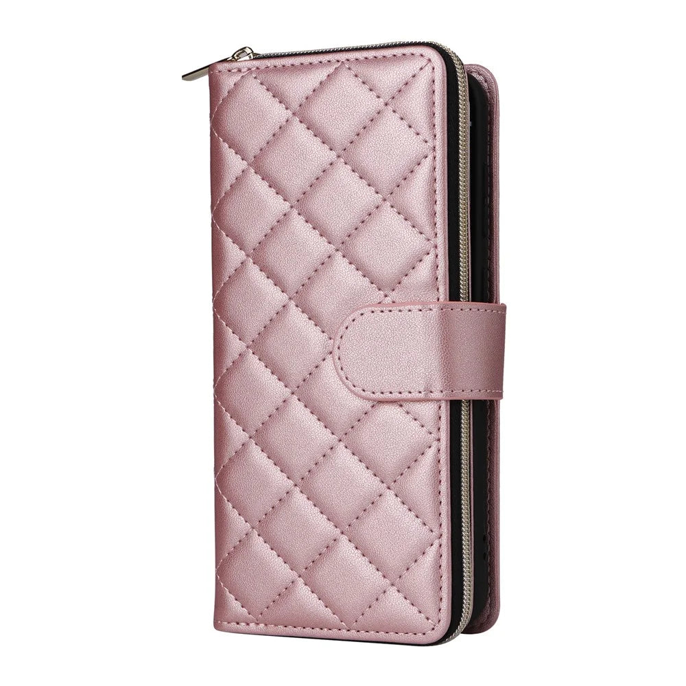 For Samsung Galaxy S23+ Case Rhombus Zipper Wallet Leather Phone Cover with Straps - Rose Gold - 7